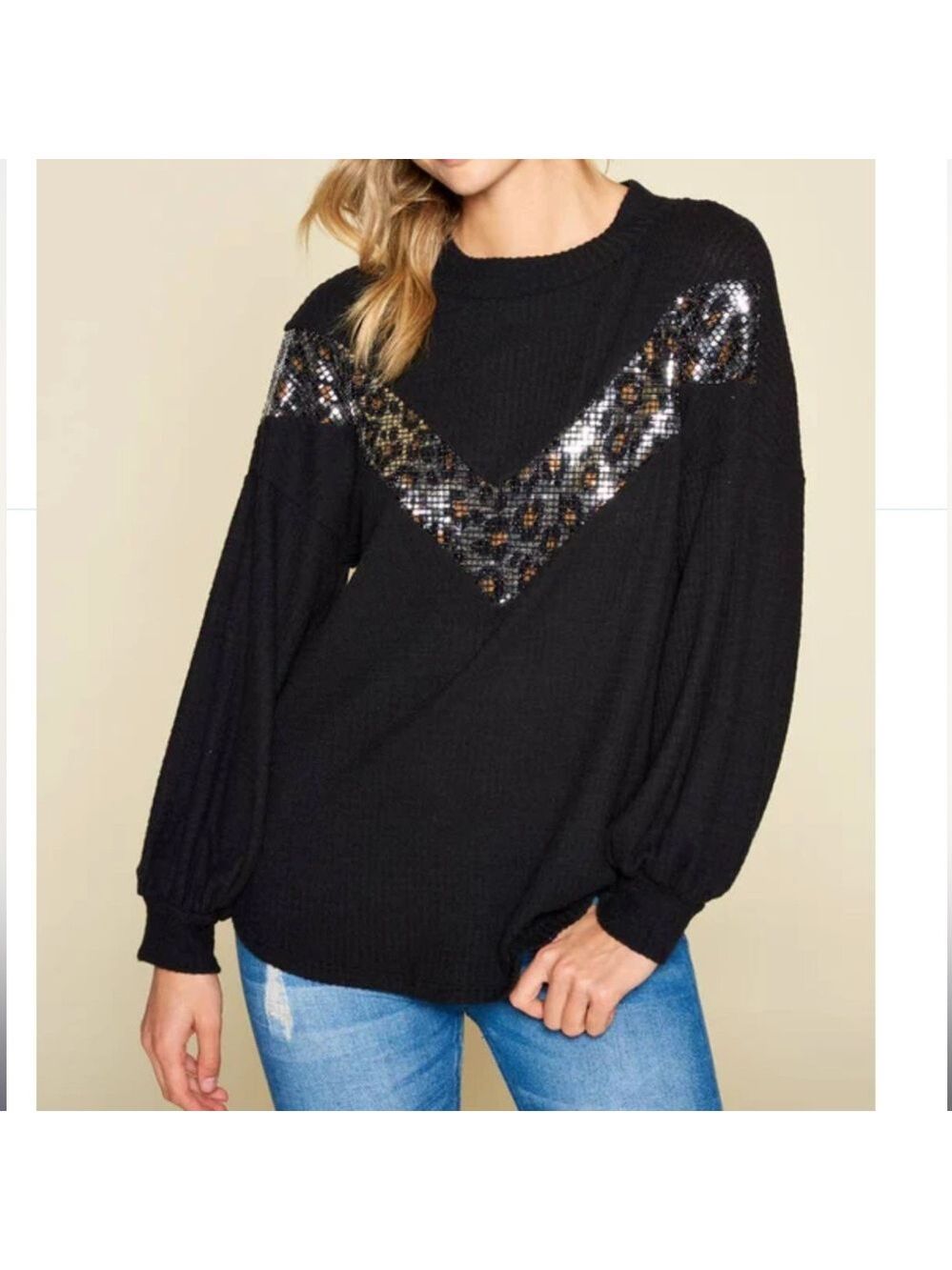 #111 Plus size Leopard Sequin Black Lighter Weight Sweater 1X 2x 3x